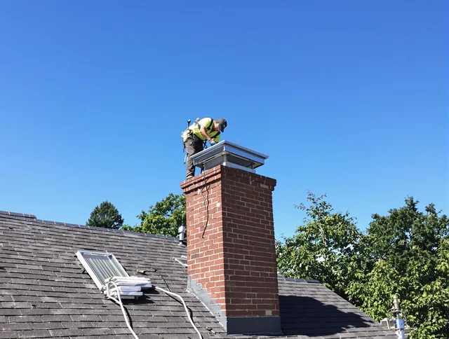Port Charlotte Chimney Sweep technician measuring a chimney cap in Port Charlotte, FL
